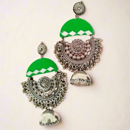 Green Oxidized Heavy Long Jhumka With Ghungroos